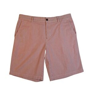 IZOD Saltwater Mens Shorts 34 Red White Striped Seersucker Flat Front Casual